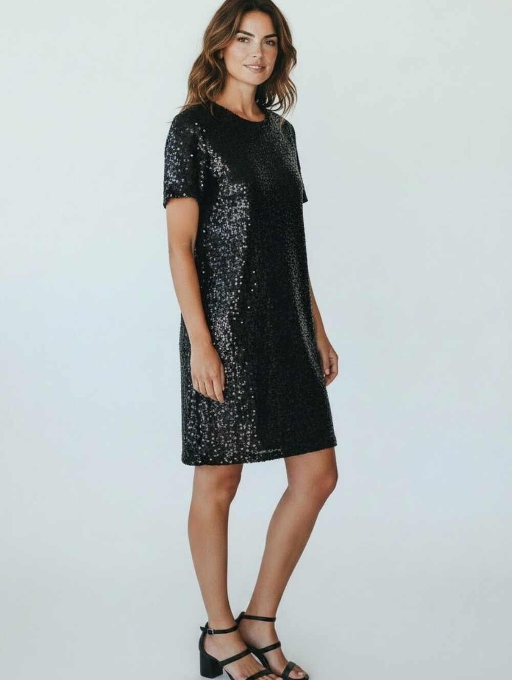 Gap Sequin T-Shirt Mini Dress Black Shift Crewneck Sparkly Holiday Party Small S